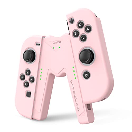 JINGDU Switch Joy-Con Charging Grip Compatible with Nintendo Switch & OLED Model, Play While Charging, Portable V-Shaped Switch Joy-Con Controller Charger with Indicators, Pink - Pink