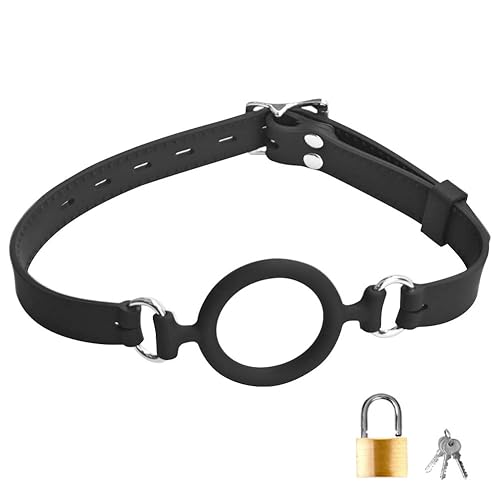 Open Mouth Gag with Padlock Adjustable Oral Sex Leather Strap On Silicone O-Ring Muzzles Restraints for Men Women