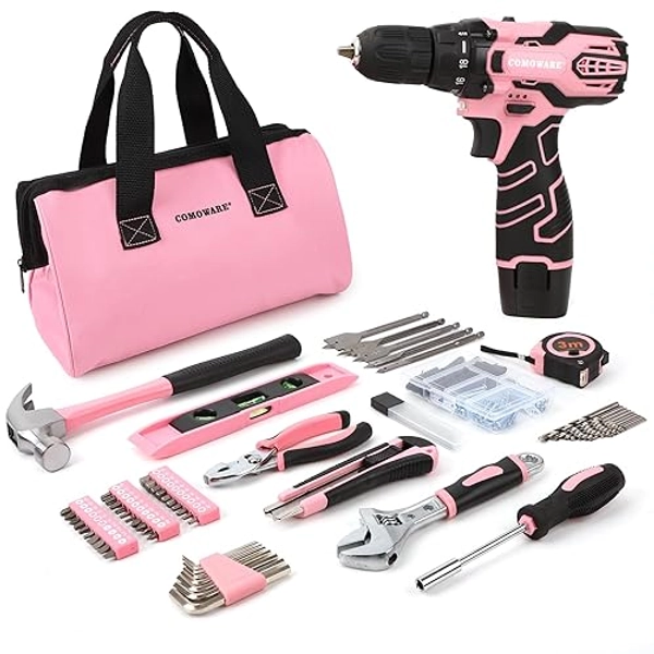COMOWARE 12V Pink Cordless Drill Home Tool Kit, Pink Drill Set for Women, Lady's Home Repairing Tool Kit Hand Tool Set for DIY Large-Capacity Tool Storage Bag Included - Pink