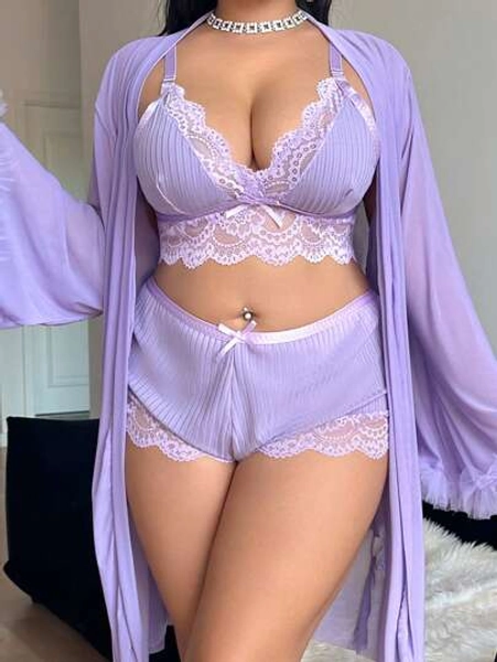SHEIN 3 PiecesSet: Lace Trim Sexy Camisole Shorts + Floral Lace Wide Sleeve Mesh Robe, Plus Size