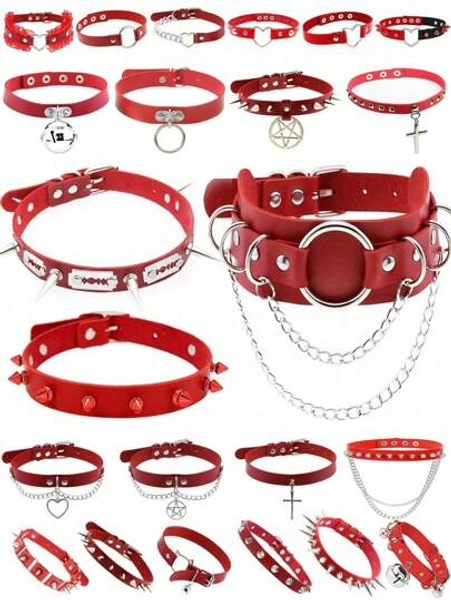 1pc Punk Gothic Rivet Red Choker Sexy Necklace, Suitable For Women's Daily Party Wear, Christmas Party, Creative Birthday, Valentine's Day, Carnival Gift