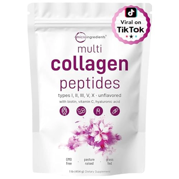 Multi Collagen Peptides Powder, 16 Oz - Hydrolyzed Protein Peptides | Type I,II,III,V,X with Hyaluronic Acid, Biotin & Vitamin C - Unflavored - Keto & Paleo Friendly, Ez Mix in Drinks