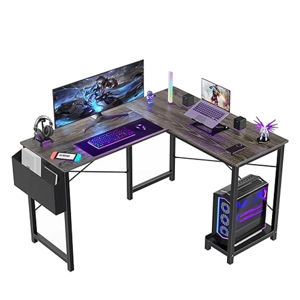 Sweetcrispy L Shaped Desk Gaming Computer 50 Inch Reversible Corner Table PC Work Table for Writing Study Student with Wood Tabletop Metal Frame CPU Stand Side Bag for Home Office Small Place, Grey