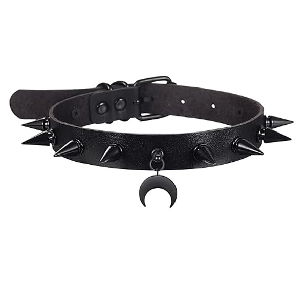 FNQUFUJ Goth Choker Necklaces For Women Leather Collar Spiked Chokers Moon Cross Pendants Cosplay Gothic Accessories
