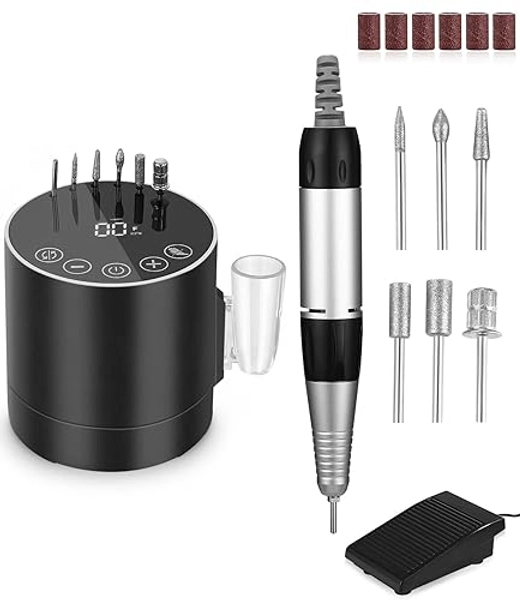 Torno para Uñas 35000 RPM, Lima de Uñas Profesionales, Set de Manicura y Pedicura con Pedal y 6 Brocas, Torno Uñas, Lima Electrica Uñas, Molinillo de Uñas Eléctrico para Gel o Acrilicas