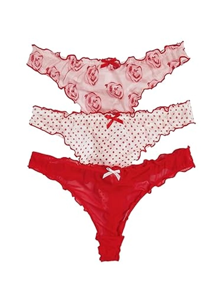 Verdusa Women's 3 Pack Lettuce Trim Bow Thong Panties Low Waist Underwear