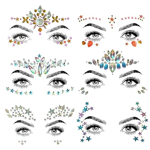 SHINEYES 6 Pezzi Gemma Viso Gioielli Adesivi per Musica Festival Festa Vacanze, Strass Viso Gemme per Halloween Natale, Viso Glitter Sticker Tatuaggio Temporaneo per Compleanno Carnevale