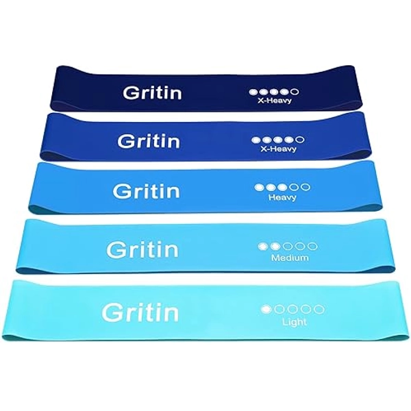 Gritin Resistance Bands, [Set of 5] Skin-Friendly Resistance Fitness Exercise Loop Bands with 5 Different Resistance Levels - Carrying Case Included - Ideal for Home, Gym, Yoga, Training