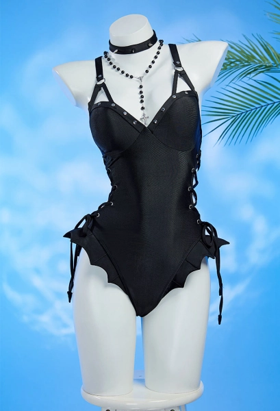 Misa Derivative One Piece Swimsuit Cross Lace-up Hollow One-piece Bathing Suit with Necklace