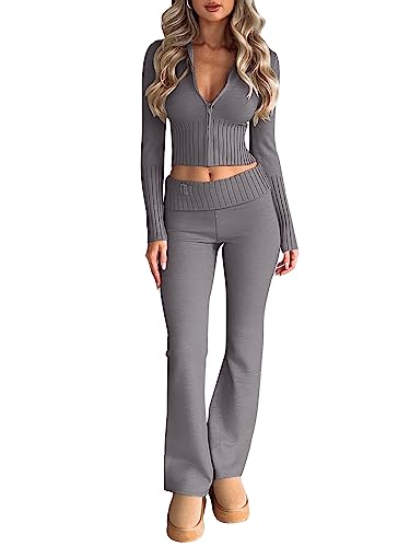 LILLUSORY 2 Piece Knit Sets For Women's Trendy Slim Fit Hooded Sweatsuit Sets - Grey - Small