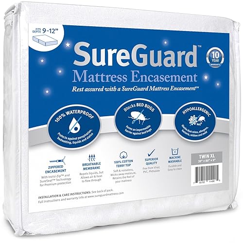 Twin XL (9-12 in. Deep) SureGuard Mattress Encasement - 100% Waterproof, Bed Bug Proof, Hypoallergenic - Premium Zippered Six-Sided Cover - 9-12" Deep - Twin XL