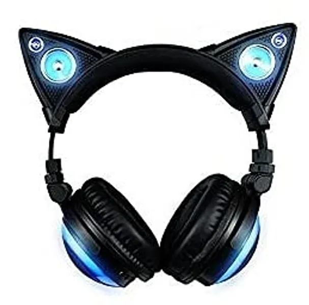 New Edition Wireless Cat Ear Headphones (12 Color Changing) with Speakers & 3.5mm Jack, Type-C Charging, Bluetooth&Wired Connection (Black) - Black