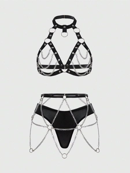 ROMWE Grunge Punk Goth Ring Linked Harness Lingerie Set