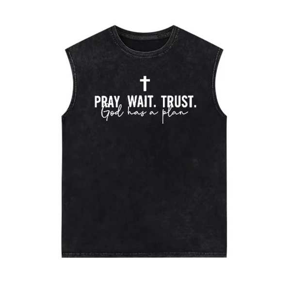 Pray Wait Trust Cross Pattern Vintage Washed Vest Top