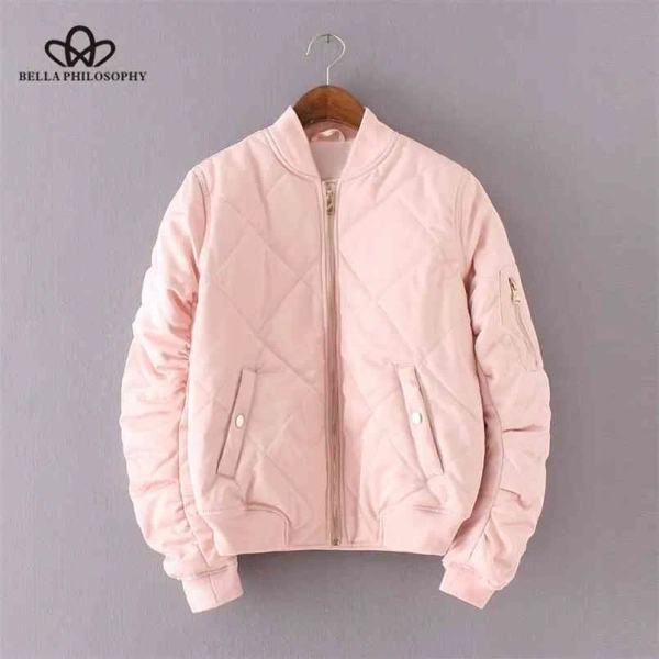 Spring Autumn Quilting Bomber Jacket Women Coat Zipper Long Sleeve Cotton-padded Pink Outwears 210914