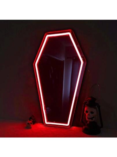1 pieza Espejo de luz de neón con forma de ataúd - 23*42.4cm/9*16.7in - Alimentado por USB - Brillo ajustable - Espejo de pared con LED púrpura, blanco y rojo - Fácil de montar - Decoración de pared - Arte de pared - Decoración multiusos - Adecuado para fiestas, hogar, dormitorio, bar, oficina, etc. - ¡Crea recuerdos únicos! Un gran regalo para ti y tus seres queridos.