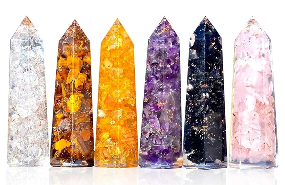 Healing Crystal Wand Set of 6 Orgonite โ Includes 3โ Amethyst Crystal, Tigers Eye, Rose Quartz, Black Tourmaline Stone, Citrine and Clear Quartz Orgone Crystal Plus Black Tourmaline Necklace