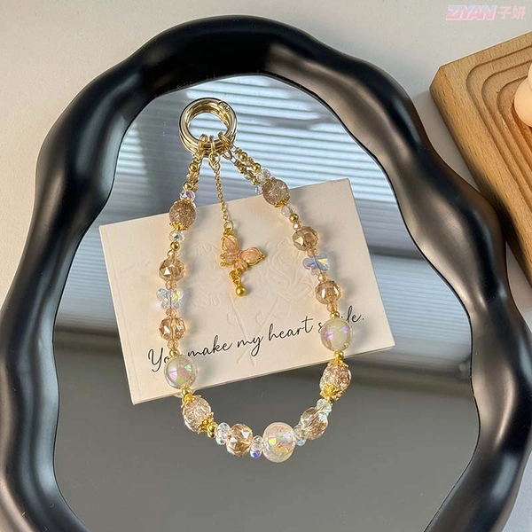 Crystal Beaded Phone Lanyard Keychain Butterfly Beaded Wristlet - White