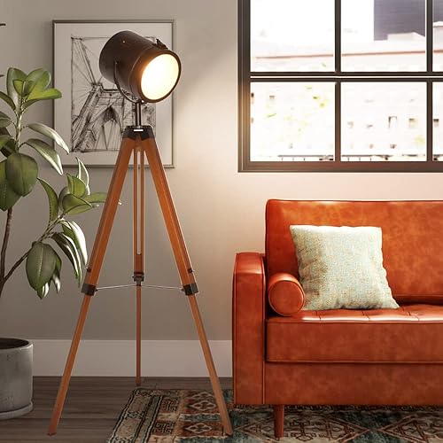 Farmhouse Tripod Floor Lamp Industrial Tall Standing Lamps for Living Room, Contemporary Adjustable Floor Lights E26 Fixture for Bedroom Black Metal Spotlights with Wooden Legs Reading Lamp for Office - Tripod floor lamp