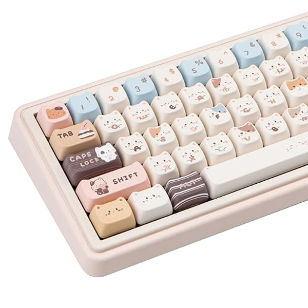 COOMICKEY 140 Keys PBT Keycaps Set, Mao Profile Keycaps, Dye-sub Cute Cat Keycaps for Mechanical Gaming Keyboard, Compatible with Cherry Gateron Kailh MX Structure (Custom Cat-Shaped)
