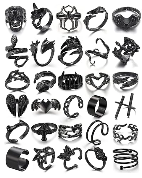 Black Gothic Vintage Rings Set - 20-30 PCS Cool Punk Jewelry with Snake, Butterfly, and Star Stacking Rings, Gift for Men, Women, Boys