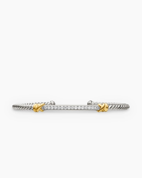 Petite Helena Classic Cable Station Bracelet in Sterling Silver with 18K Yellow Gold with Diamonds, 3mm