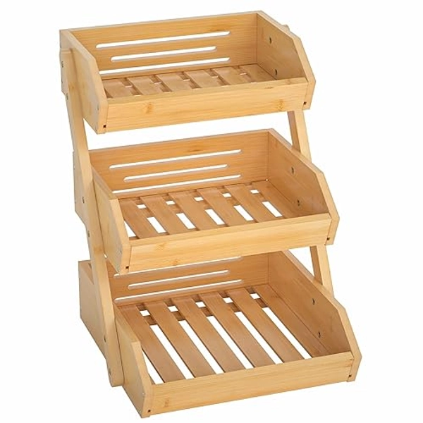 CALM COZY 3 Tier Bamboo Fruit Basket for Kitchen, Vegetables Storage Stand Detachable Holder for Fruits Veggies Bread Snacks in Home, Kitchen Office - Light Brown - 3 Tier