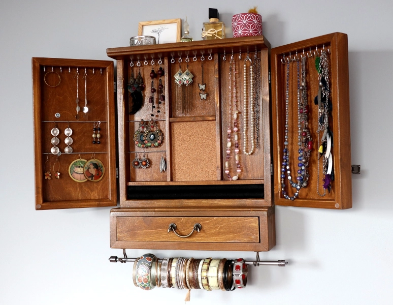 Jewelry cabinet/earrings organizer with drawer /TEAK stain/ Armoire/ jewelry storage/Wooden wall mounted earrings - Primary color: Black