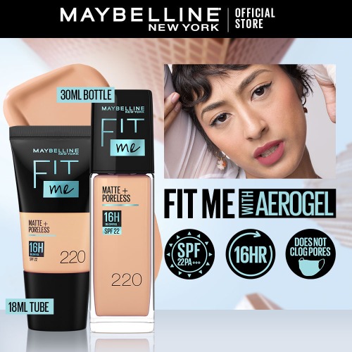 Maybelline Fit Me with AEROGEL Matte+Poreless Liquid Foundation (30mL) - Long lasting, SPF 22PA+++