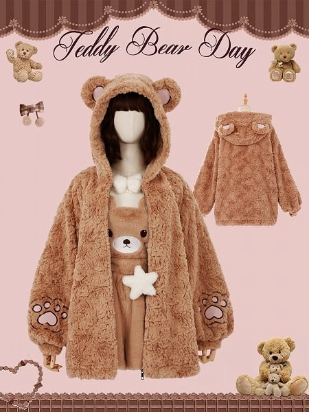 [$59.50]Brown Fluffy Teddy Bear Jacket with Ears Hood for Girls/Women