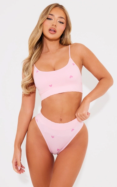 Pink Heart Print Ribbed Scoop Neck Bralette | Lingerie & Nightwear