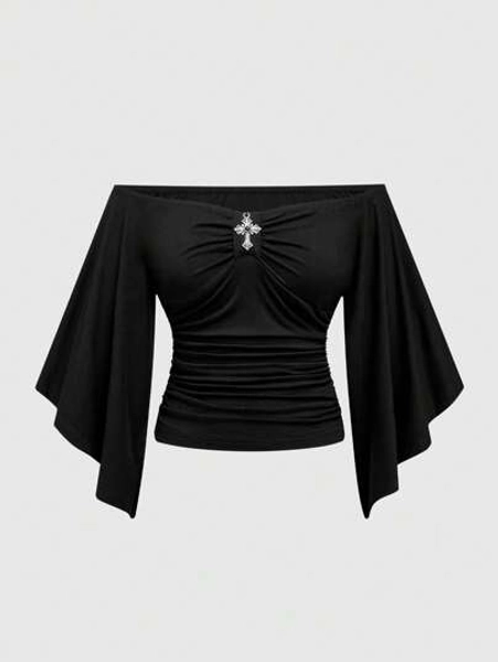 J-Fashion Plus Size Fashion Off Shoulder Cross Pendant Decor Flare Sleeve T-Shirt,Back To School