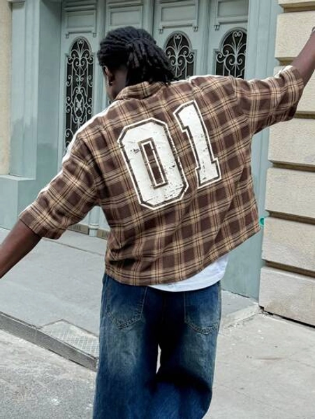 AXEPEAK Men's Plaid Loose Woven Long Sleeve Shirt