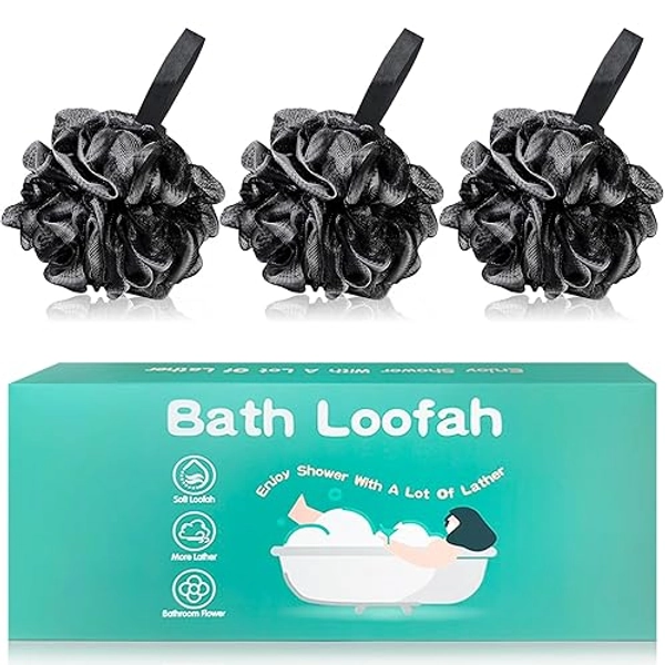 Amazerbst loofah,Shower Puff for Women and Men, Soft Body Scrubber Bath Sponge Set of 3 (Black Black Black)