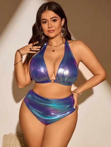 Swim SXY Summer Beach Plus Size Holographic Halter Neck Back Strap Holiday Bikini Set With Bra And Swimwear Bottoms
