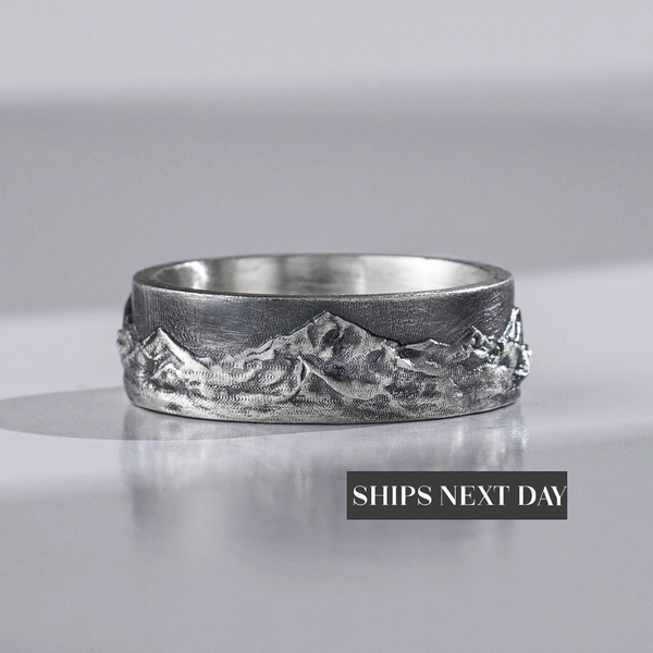 Mountain Band Ring For Men in Sterling Silver, Nature Wedding Ring to Family, Engraved Engagement Ring, Unique Promise Ring, Birthday Gift
