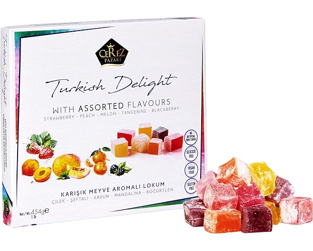 Cerez Pazari Turkish Delight Candy with Assorted Mix Flavours 16 oz Gourmet Medium Size Snacks Gift Box | No Nuts Sweet Luxury Traditional Confectionery Vegan Lokum Loukoumi Approx.42 Pcs - 1 Pound (Pack of 1)