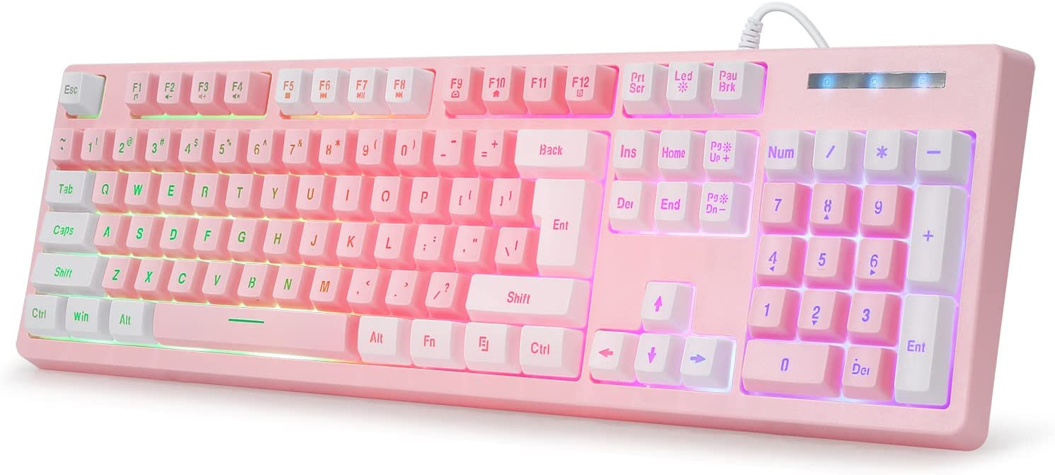 HUO JI Gaming Keyboard USB Wired with Rainbow LED Backlit, Quiet Floating Keys, Mechanical Feeling, Spill Resistant, Ergonomic for Xbox, PS Series, Desktop, Computer, PC, Pink White - pink white