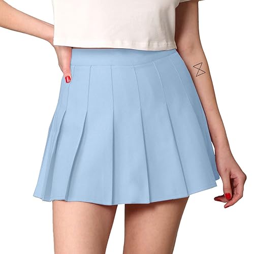 Made By Johnny Womens' Girls' High Waist Mini Plaid School Uniform Pleated Skater Tennis Skirt with Lining Shorts - Medium - Blue