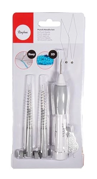 Rayher 69226000 Punch Needle Set, verstellbar, Sticken für Anfänger, Punch Nadeln, 1 Stick-Pen, 3 Sticknadeln, 2 Fädelhilfen, Sortiert