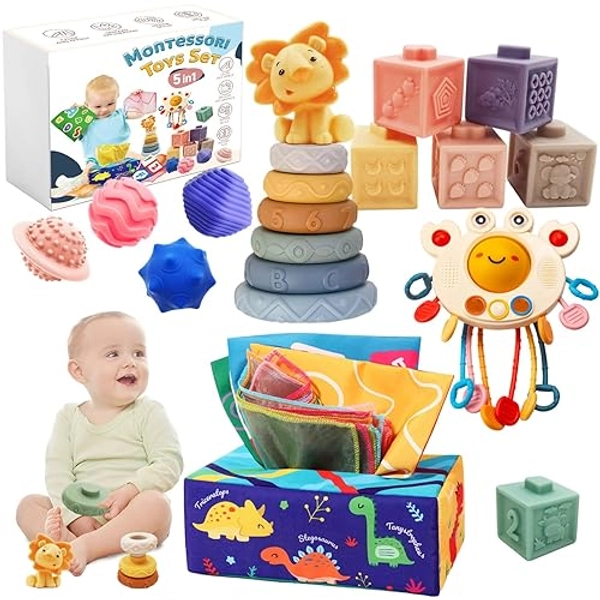 Baby Montessori Toys for 6 Months Old+, 5 in 1 Baby Toys 6-12 Months Baby Stacking Infant Toys, Baby Tissue Box Toys, Toddler Toy Set for 6 9 12 Months Boy Girl Christmas Birthday Gift