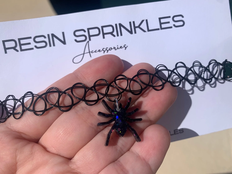 Black Holographic Spider Choker Necklace | 90s Tattoo Choker w/ Handmade Sparkly Spider Charm | Spooky Halloween Jewelry | Goth Accessories
