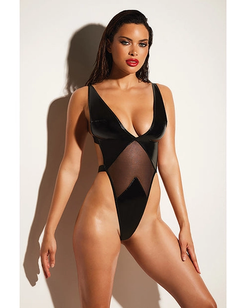 FETISH Limitless Soft Cup High Leg Vinyl &amp; Mesh Teddy Black L/XL