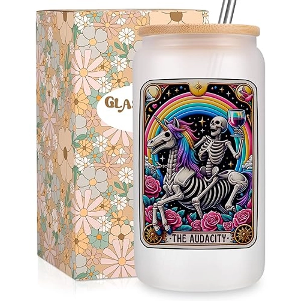 Fairy's Gift the Audacity Iced Coffee Cups, Cute 16 oz Frosted Glass Tumbler w/Lid Straw, Valentines Funny Skull Cup, Spooky Skeleton Glass Tumbler, Cool Birthday Witchy Gifts for Women Tarot Lovers