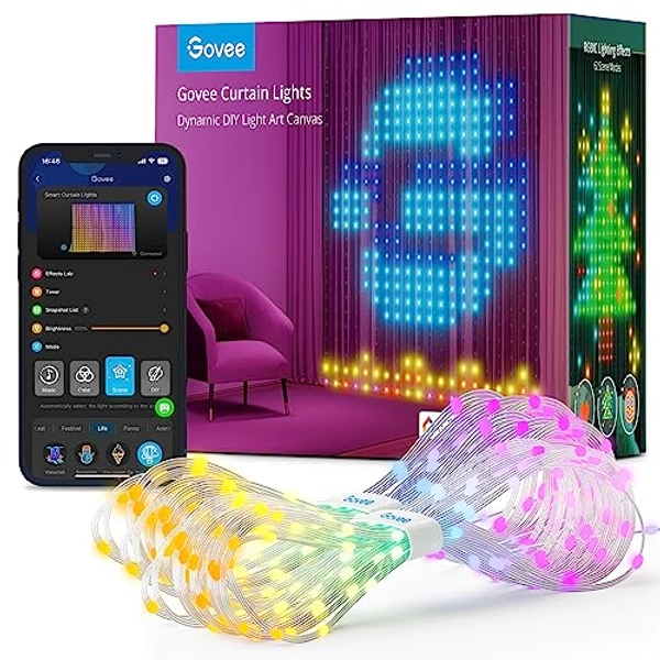 Govee Curtain Lights, Smart LED Curtain Lights, Color Changing Wall Lights, Dynamic DIY Curtain String Lights for Bedroom Living Room Halloween Decor, Outdoor IP65 Waterproof，4.9x6.6ft, 520 RGBIC LED