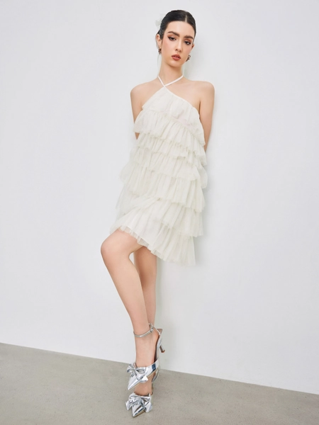 Mesh Glitter Halter Layered Ruffle Hem Mini Dress