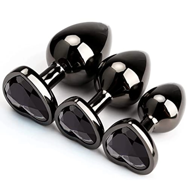 3Pcs Set Luxury Metal Butt Toys Heart Shaped Anal Trainer Jewel Butt Plug Kit S&M Adult Gay Solo Sexxy Anus Anal Plugs Woman Men Sex Gifts Things for Beginners Couples Large/Medium/Small (Black)