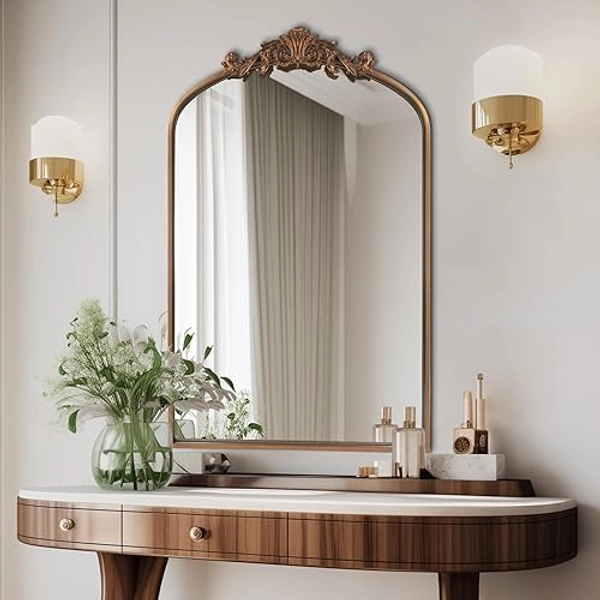 HQiJun Wall Mirror Window Decorative Traditional Vintage Ornate Baroque Mirrors Antique Arched Farmhouse for Living Room Bedroom Entryway Bathroom Vanity (24 * 36 * 1.2, Gold)