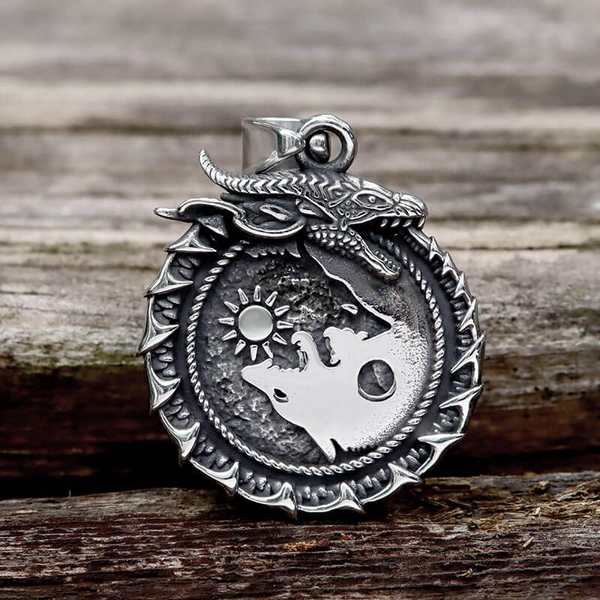 Ouroboros Skoll and Hati Wolf Stainless Steel Pendant