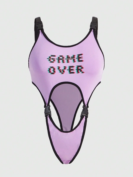 ROMWE Anime Plus Storlek Kvinnors Sexig Brev Tryckt Romper Bodysuit Med Ryggväskor Spänne